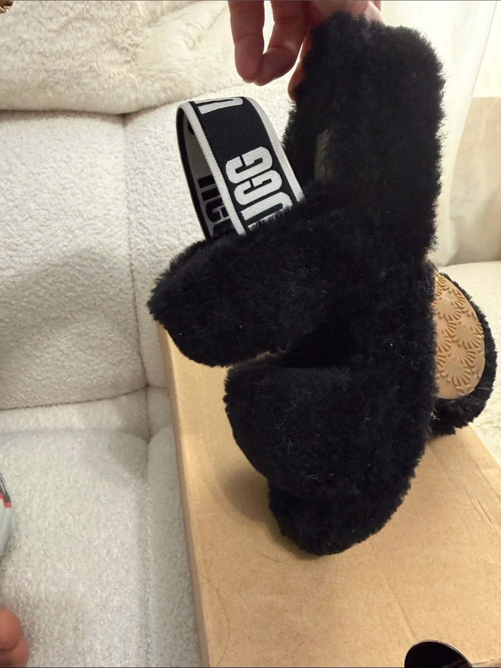UGG Kids Black Fluff Slide Sandals with Logo Strap